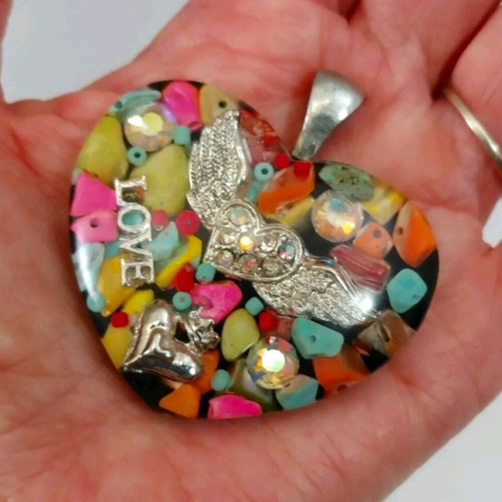 Large Handmade Resin Heart Pendant Pink Love Rhinestone Beaded Wings XO Crown